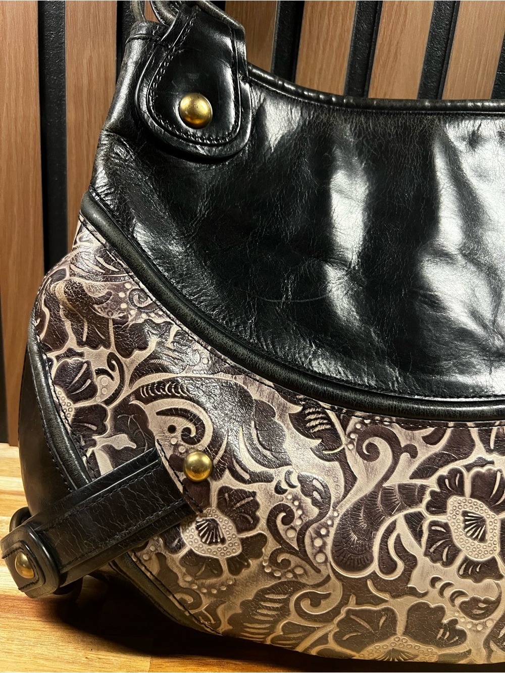 Tre Vero Genuine Tooled Leather Shoulder Bag Black Boho Floral Western